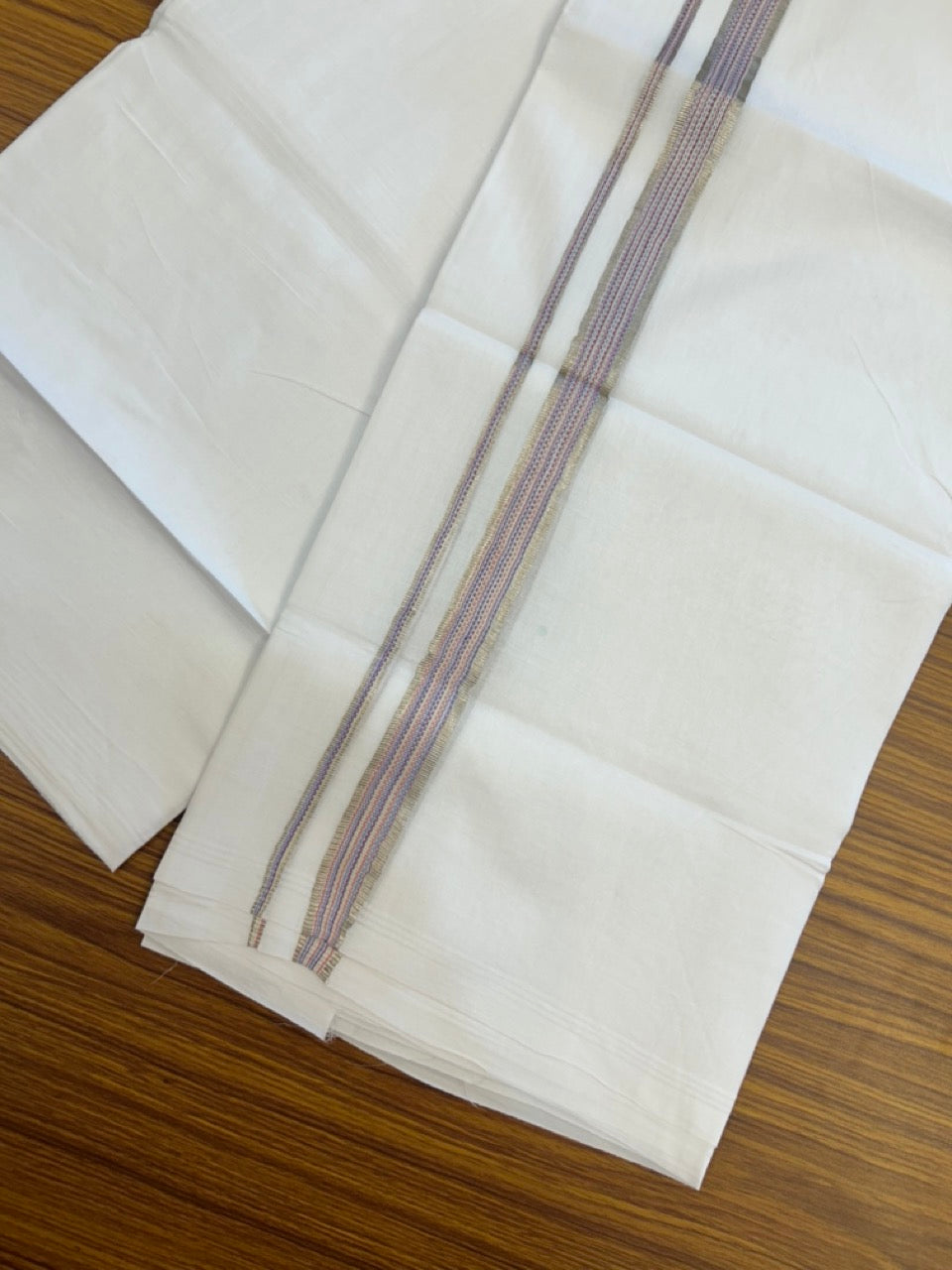 20% Discount ! Kaitharikada Balaramapuram 100% Cotton PURE WHITE Double Mundu/Dothi - 100x80 - 0.75 inch Silver Kasav & Multi Colour Striped Kara 3.90 mtr (8 muzham) - 64 KK5294 THI