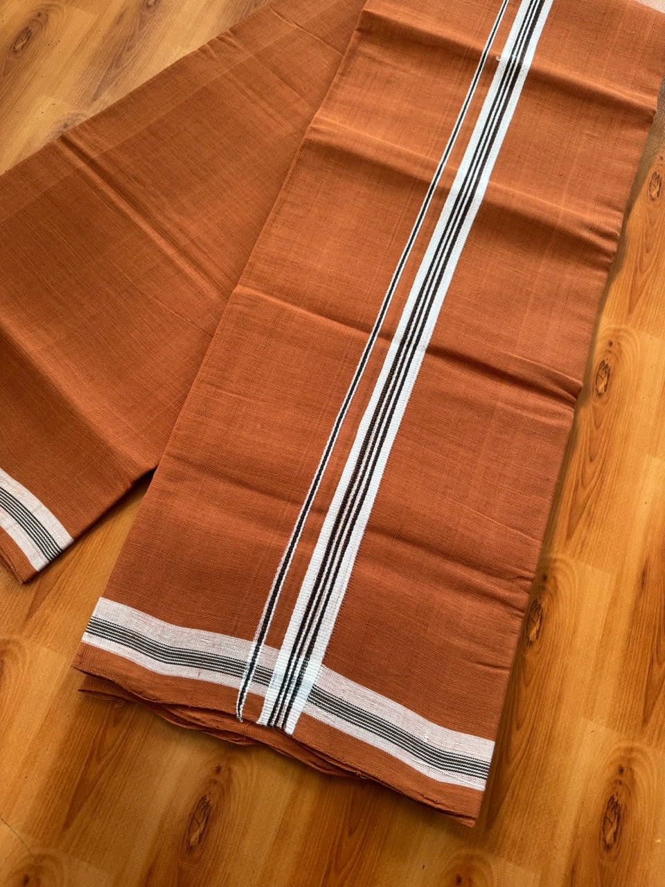 Kerala Handloom Single Kaily/Lungi - KaithariKada 100% Pure Cotton - 2/40s -1.25 Inch White & Black Stripes Kara With Kavi colour Body - (2 meter / 4 muzham) -3 KK8057 ELA