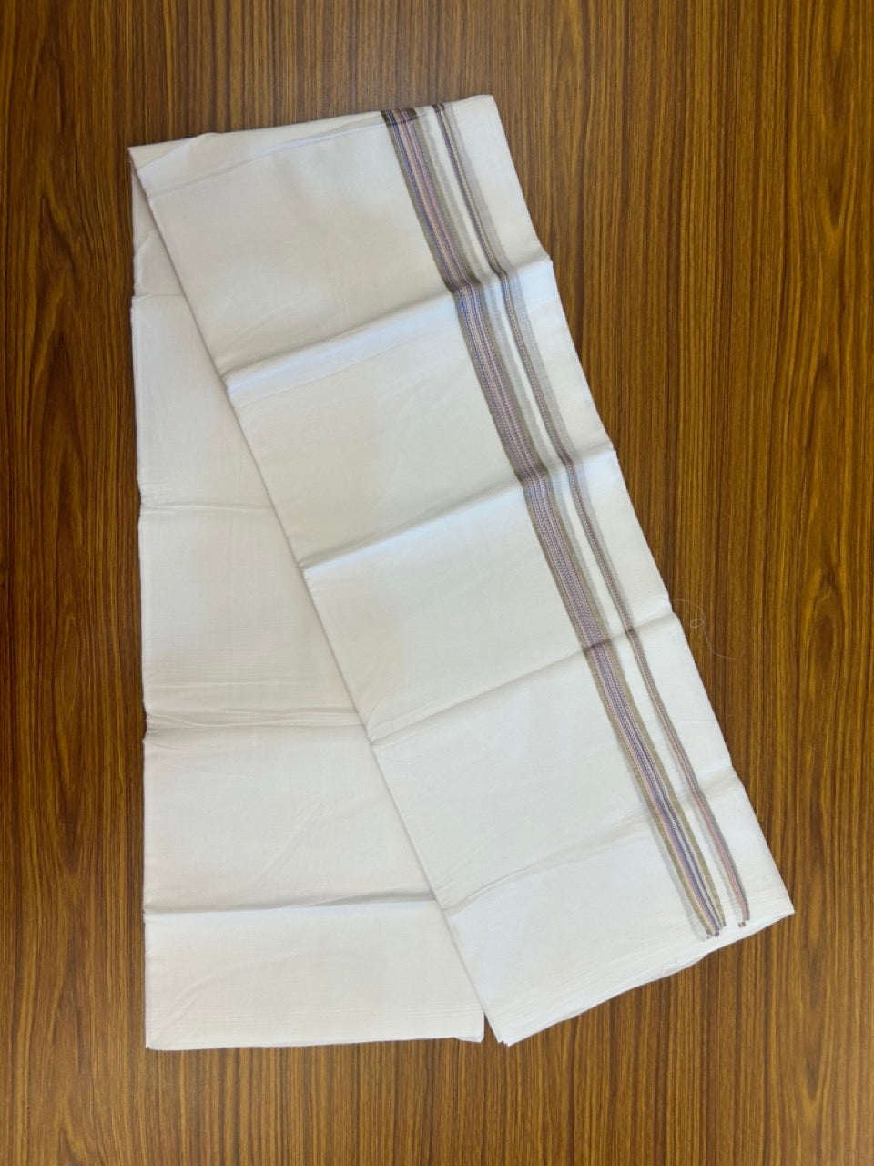 20% Discount ! Kaitharikada Balaramapuram 100% Cotton PURE WHITE Double Mundu/Dothi - 100x80 - 0.75 inch Silver Kasav & Multi Colour Striped Kara 3.90 mtr (8 muzham) - 65 KK5294 THI