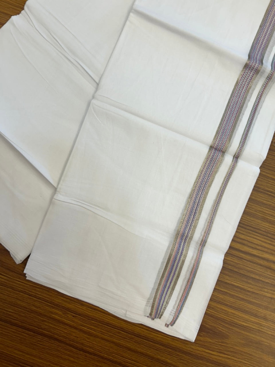 20% Discount ! Kaitharikada Balaramapuram 100% Cotton PURE WHITE Double Mundu/Dothi - 100x80 - 0.75 inch Silver Kasav & Multi Colour Striped Kara 3.90 mtr (8 muzham) - 65 KK5294 THI