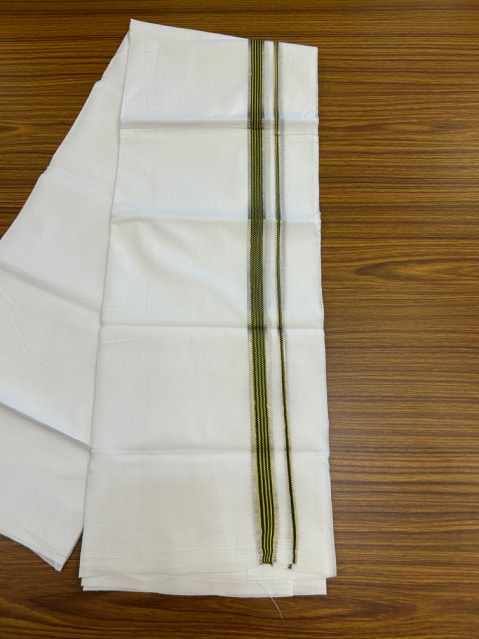 20% Discount ! Kaitharikada Balaramapuram 100% Cotton PURE WHITE Double Mundu/Dothi - 100x80 - 0.75 inch Silver Kasav Black & Yellow Striped Kara 3.90 mtr (8 muzham) - 66 KK5294 THI