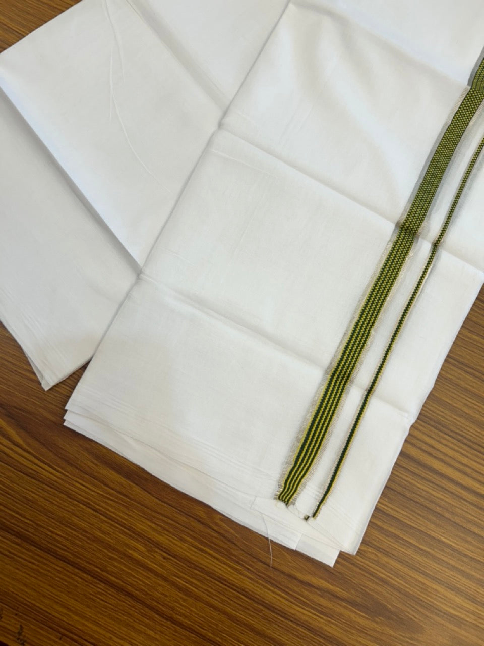20% Discount ! Kaitharikada Balaramapuram 100% Cotton PURE WHITE Double Mundu/Dothi - 100x80 - 0.75 inch Silver Kasav Black & Yellow Striped Kara 3.90 mtr (8 muzham) - 66 KK5294 THI