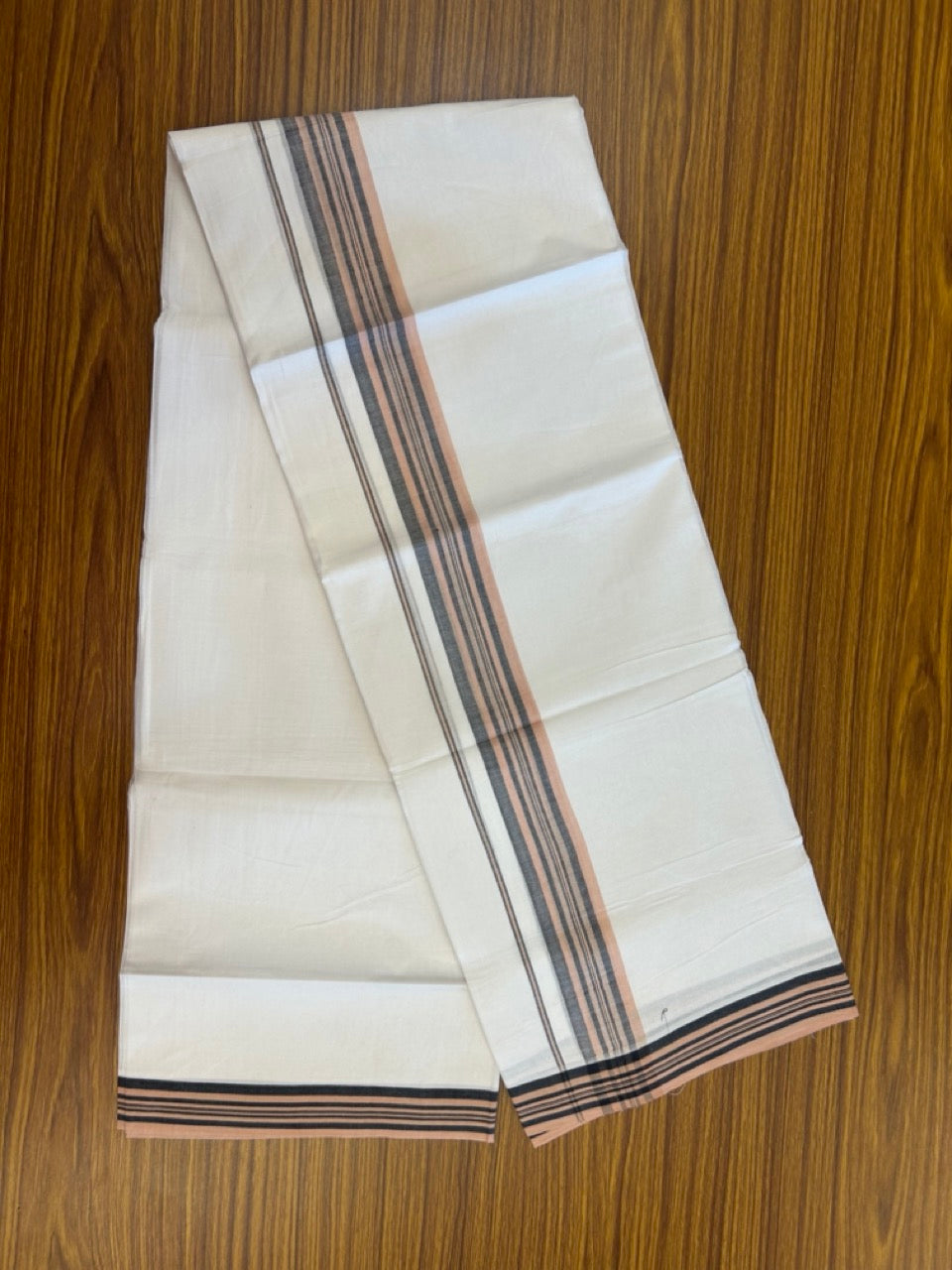 20% Discount ! Kaitharikada Balaramapuram 100% Cotton PURE WHITE Double Mundu/Dothi - 100x80 - 1.75 inch Black & Light Peach Shaded Striped Kara 3.90 mtr (8 muzham) - 55 KK5294 THI