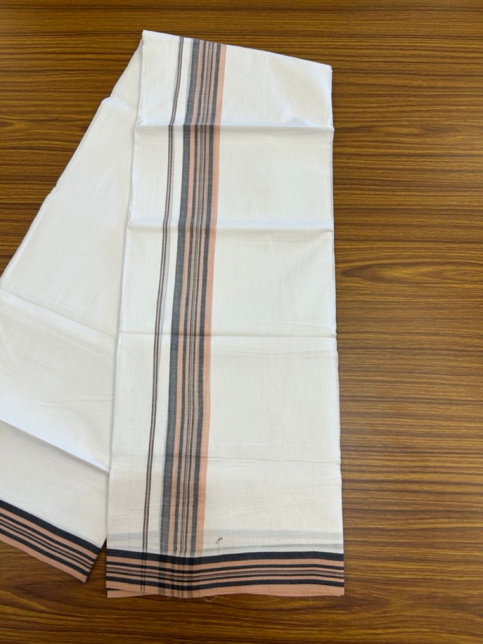 20% Discount ! Kaitharikada Balaramapuram 100% Cotton PURE WHITE Double Mundu/Dothi - 100x80 - 1.75 inch Black & Light Peach Shaded Striped Kara 3.90 mtr (8 muzham) - 55 KK5294 THI