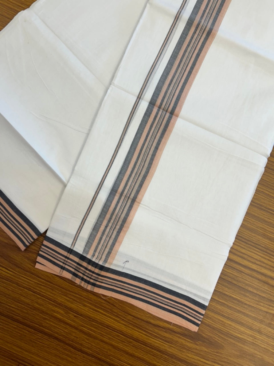 20% Discount ! Kaitharikada Balaramapuram 100% Cotton PURE WHITE Double Mundu/Dothi - 100x80 - 1.75 inch Black & Light Peach Shaded Striped Kara 3.90 mtr (8 muzham) - 55 KK5294 THI