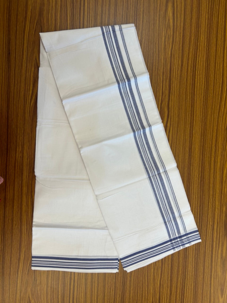 20% Discount ! Kaitharikada Balaramapuram 100% Cotton PURE WHITE Double Mundu/Dothi - 100x80 - 1.25 inch Blue Shaded Striped Kara 3.90 mtr (8 muzham) - 56 KK5294 THI