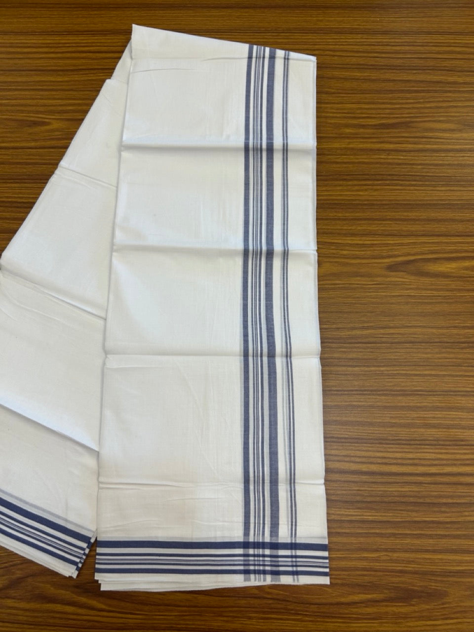 20% Discount ! Kaitharikada Balaramapuram 100% Cotton PURE WHITE Double Mundu/Dothi - 100x80 - 1.25 inch Blue Shaded Striped Kara 3.90 mtr (8 muzham) - 56 KK5294 THI