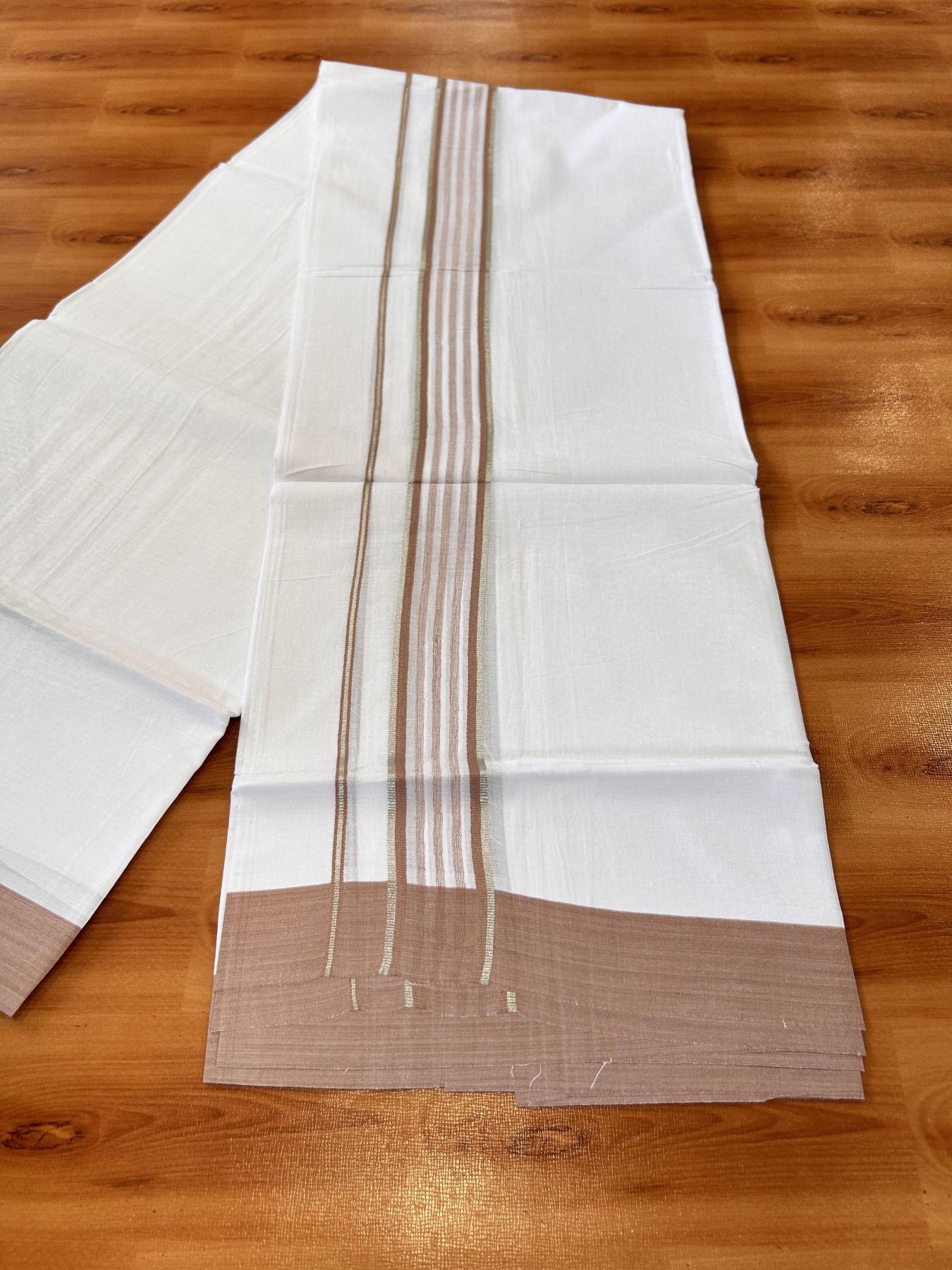 Pure White Double Mundu/Dhoti - 20% Discount ! Kaitharikada Balaramapuram 100% Cotton - 100x80 - 1.75 inch Silver Kasav & Dusty Peach Shaded Striped Kara 3.90 m (8 muzham) - 44 KK5432 PMC