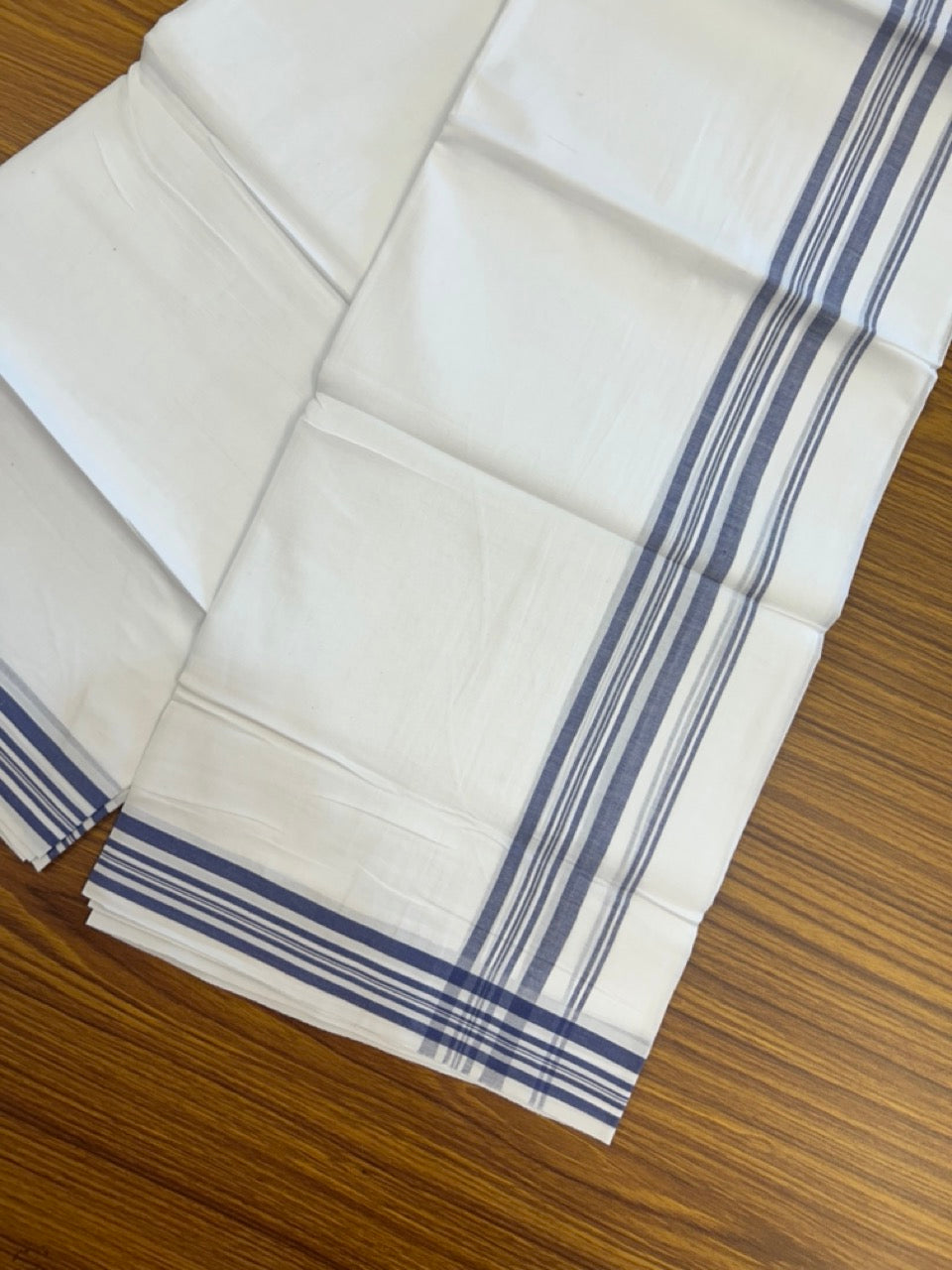 20% Discount ! Kaitharikada Balaramapuram 100% Cotton PURE WHITE Double Mundu/Dothi - 100x80 - 1.25 inch Blue Shaded Striped Kara 3.90 mtr (8 muzham) - 56 KK5294 THI