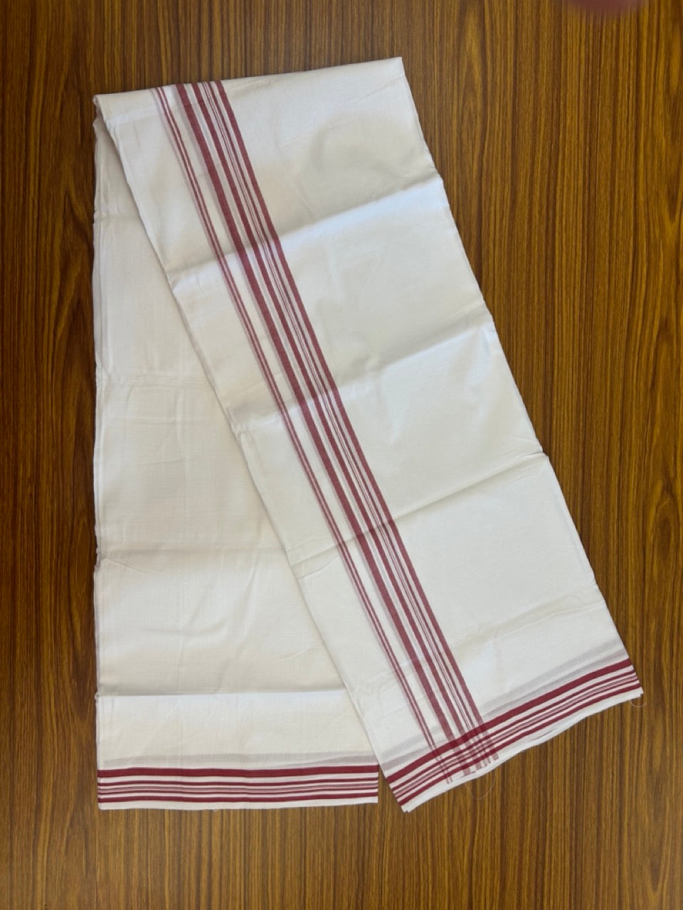 20% Discount ! Kaitharikada Balaramapuram 100% Cotton PURE WHITE Double Mundu/Dothi - 100x80 - 1.25 inch Maroon Shaded Striped Kara 3.90 mtr (8 muzham) - 57 KK5294 THI