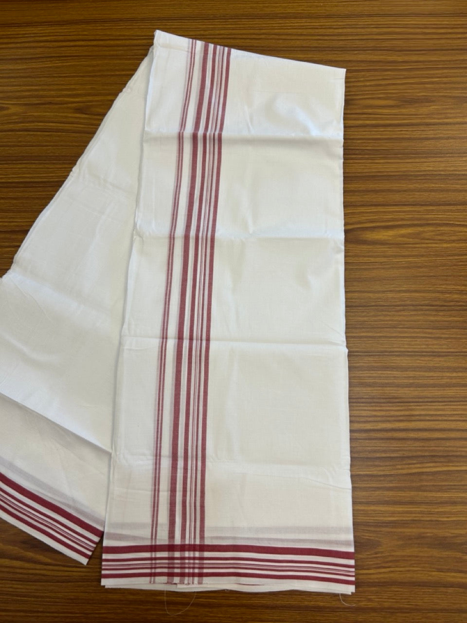 20% Discount ! Kaitharikada Balaramapuram 100% Cotton PURE WHITE Double Mundu/Dothi - 100x80 - 1.25 inch Maroon Shaded Striped Kara 3.90 mtr (8 muzham) - 57 KK5294 THI