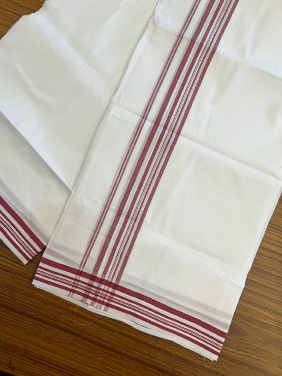 20% Discount ! Kaitharikada Balaramapuram 100% Cotton PURE WHITE Double Mundu/Dothi - 100x80 - 1.25 inch Maroon Shaded Striped Kara 3.90 mtr (8 muzham) - 57 KK5294 THI