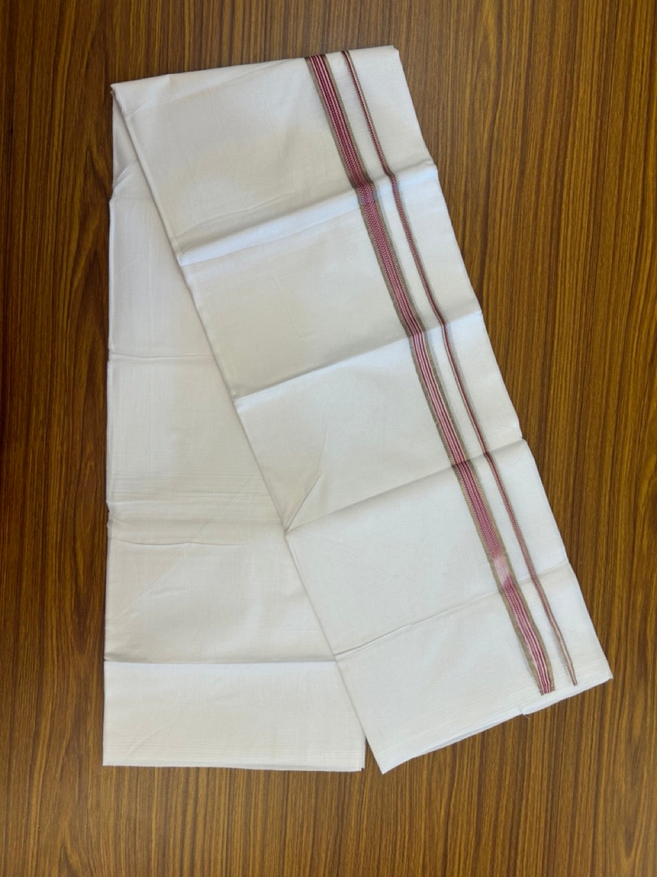 20% Discount ! Kaitharikada Balaramapuram 100% Cotton PURE WHITE Double Mundu/Dothi - 100x80 - 0.75 inch Silver Kasav Maroon Striped Kara 3.90 mtr (8 muzham) - 67 KK5294 THI