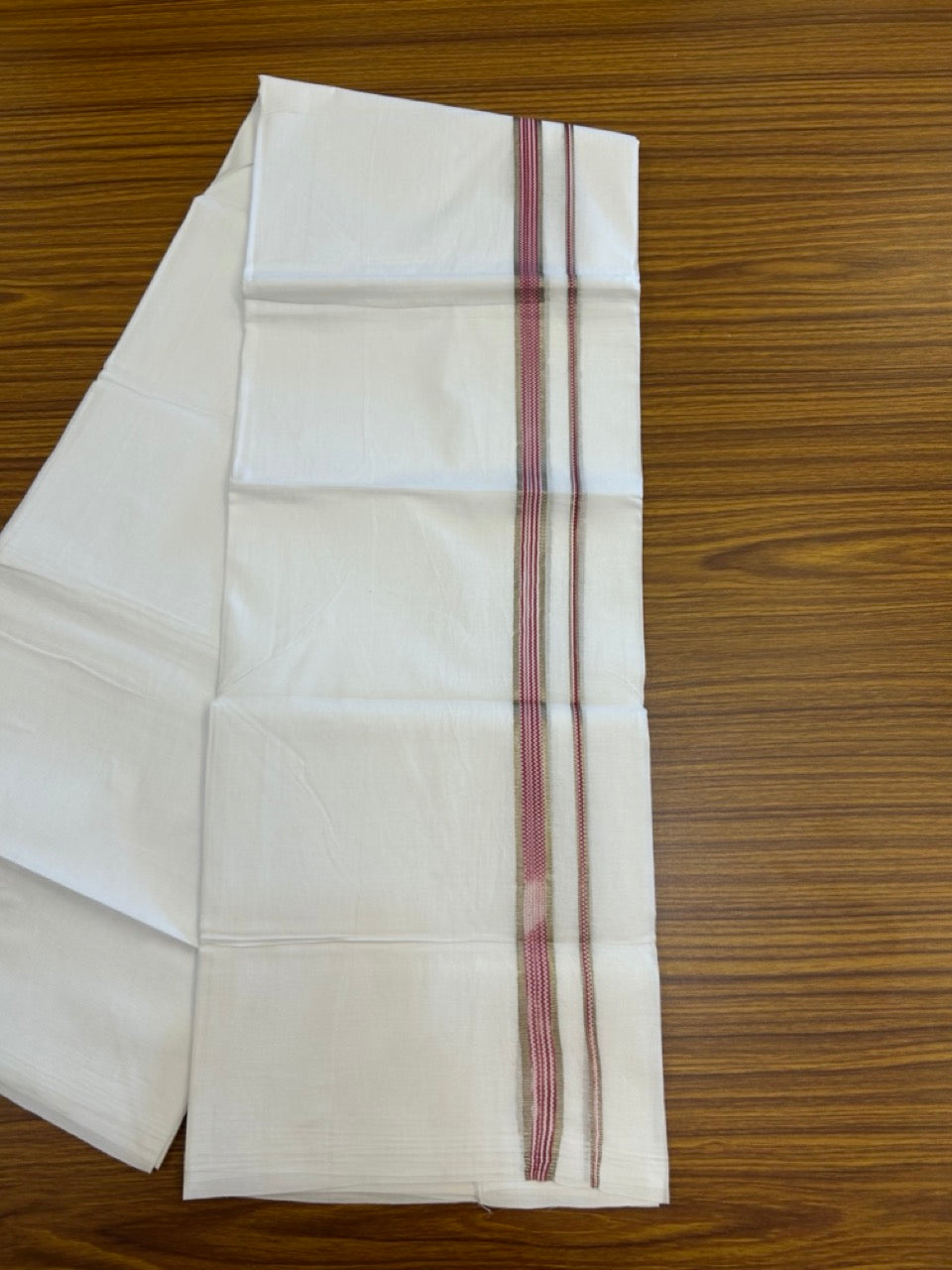20% Discount ! Kaitharikada Balaramapuram 100% Cotton PURE WHITE Double Mundu/Dothi - 100x80 - 0.75 inch Silver Kasav Maroon Striped Kara 3.90 mtr (8 muzham) - 67 KK5294 THI