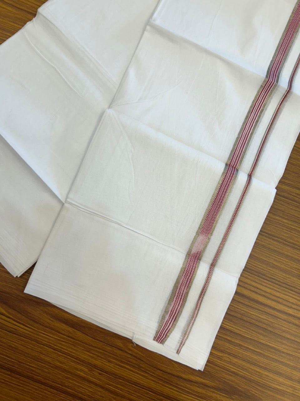 20% Discount ! Kaitharikada Balaramapuram 100% Cotton PURE WHITE Double Mundu/Dothi - 100x80 - 0.75 inch Silver Kasav Maroon Striped Kara 3.90 mtr (8 muzham) - 67 KK5294 THI