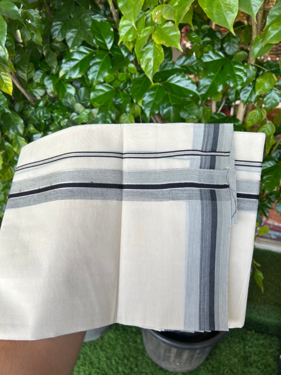 20% DISCOUNT! KaithariKada Balaramapuram 100% Cotton Double OFF WHITE (unbleached) Mundu/Dhoti- 100x80- 1.5 inch Silver Kasavu Black & Grey Stripes Shaded Kara 4 mtr (8.5 muzham) - 66KK5227 PMC