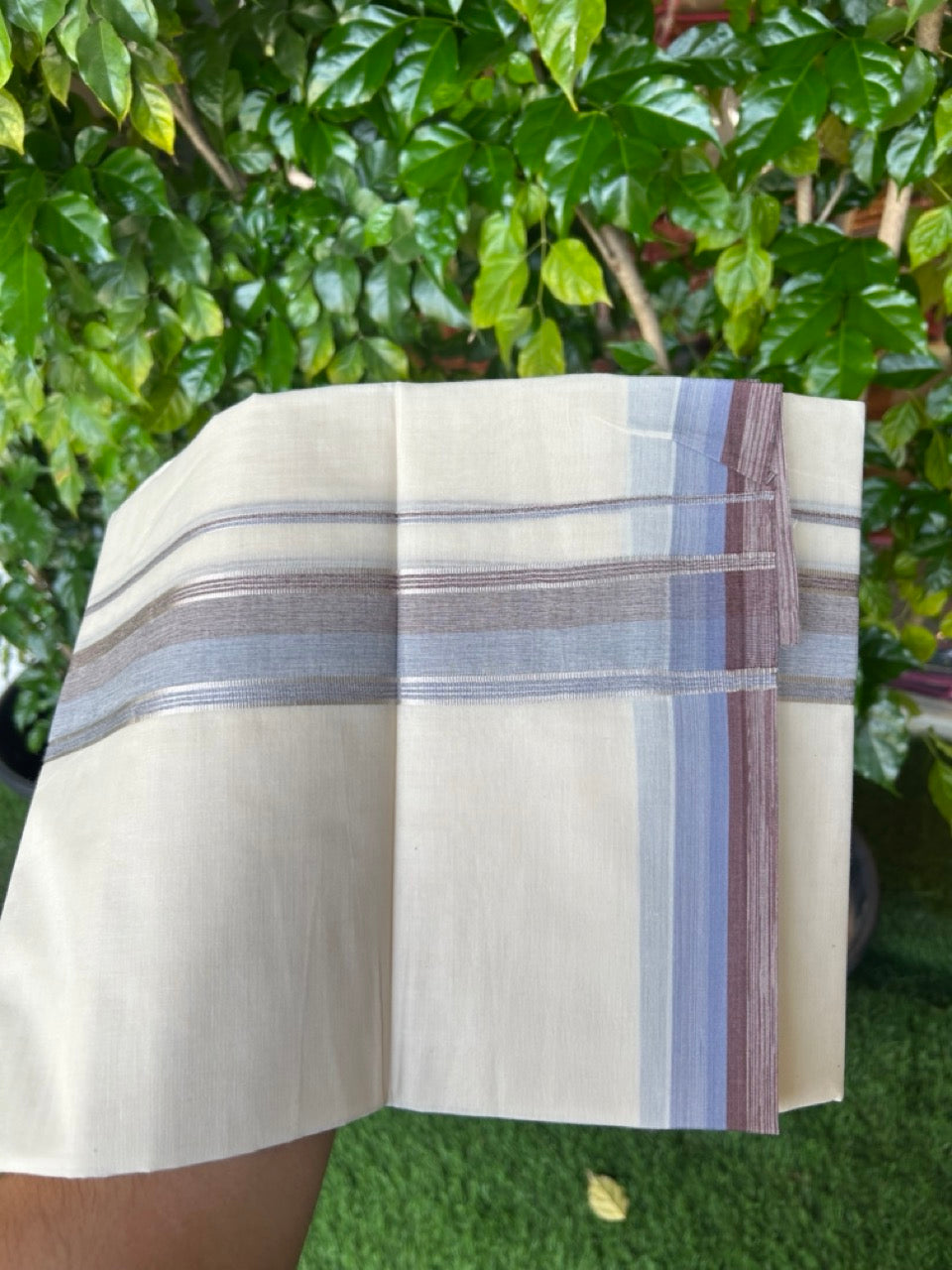 20% DISCOUNT! KaithariKada Balaramapuram 100% Cotton Double OFF WHITE (unbleached) Mundu/Dhoti- 100x80- 1.75 inch Silver Kasavu Light Blue & Brown Stripes Shaded Kara 4 mtr (8.5 muzham) - 71KK5227 PMC