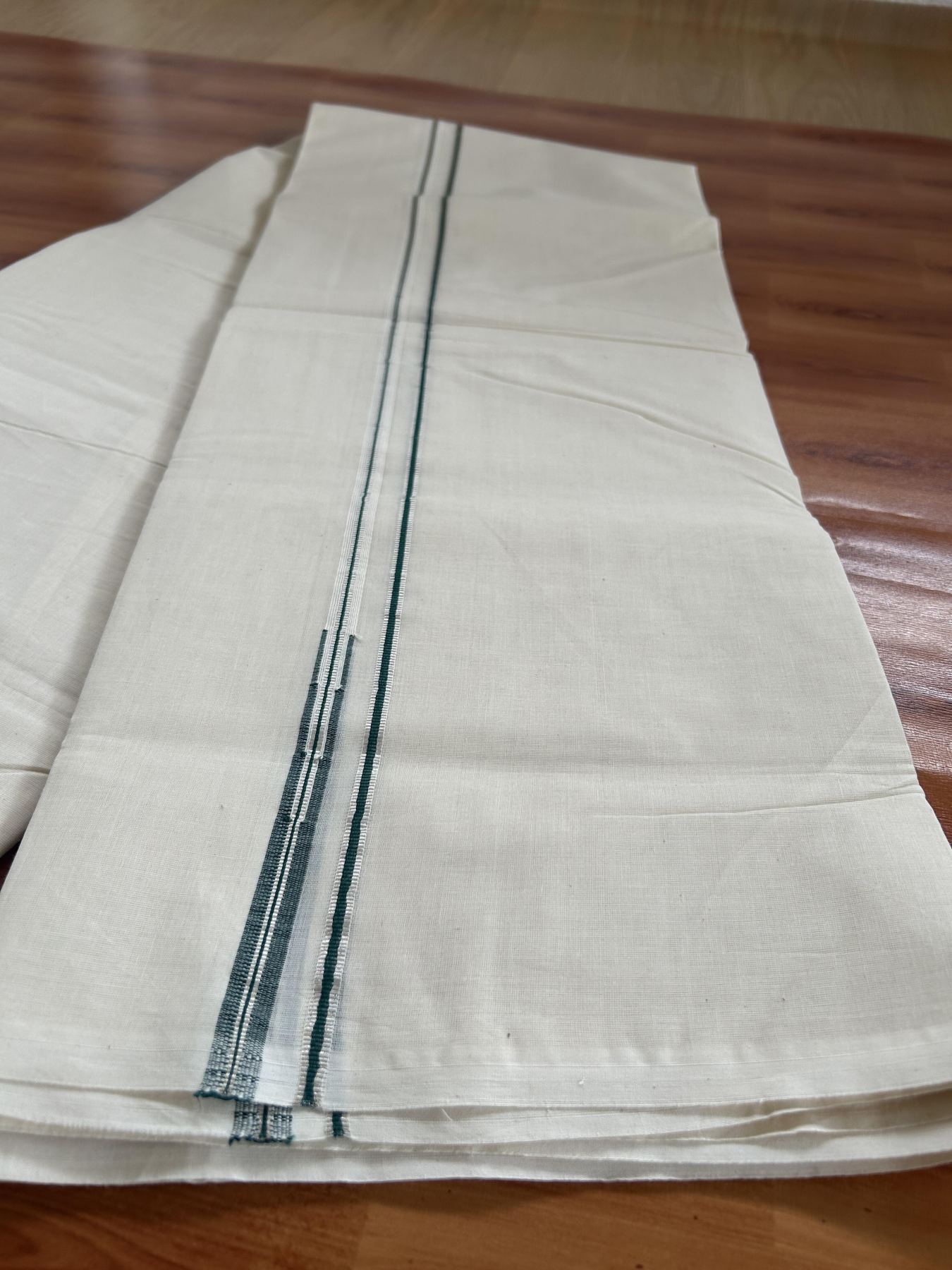 20% Discount! KaithariKada Balaramapuram 100% Cotton Double Off white Mundu/Dhoti- 100x100 - 0.2 cm Puliyilakkara Silver Kasav & Dark Green Chutty Kara 4 mtr (8.5 muzham) - 5 KK5392 ASH