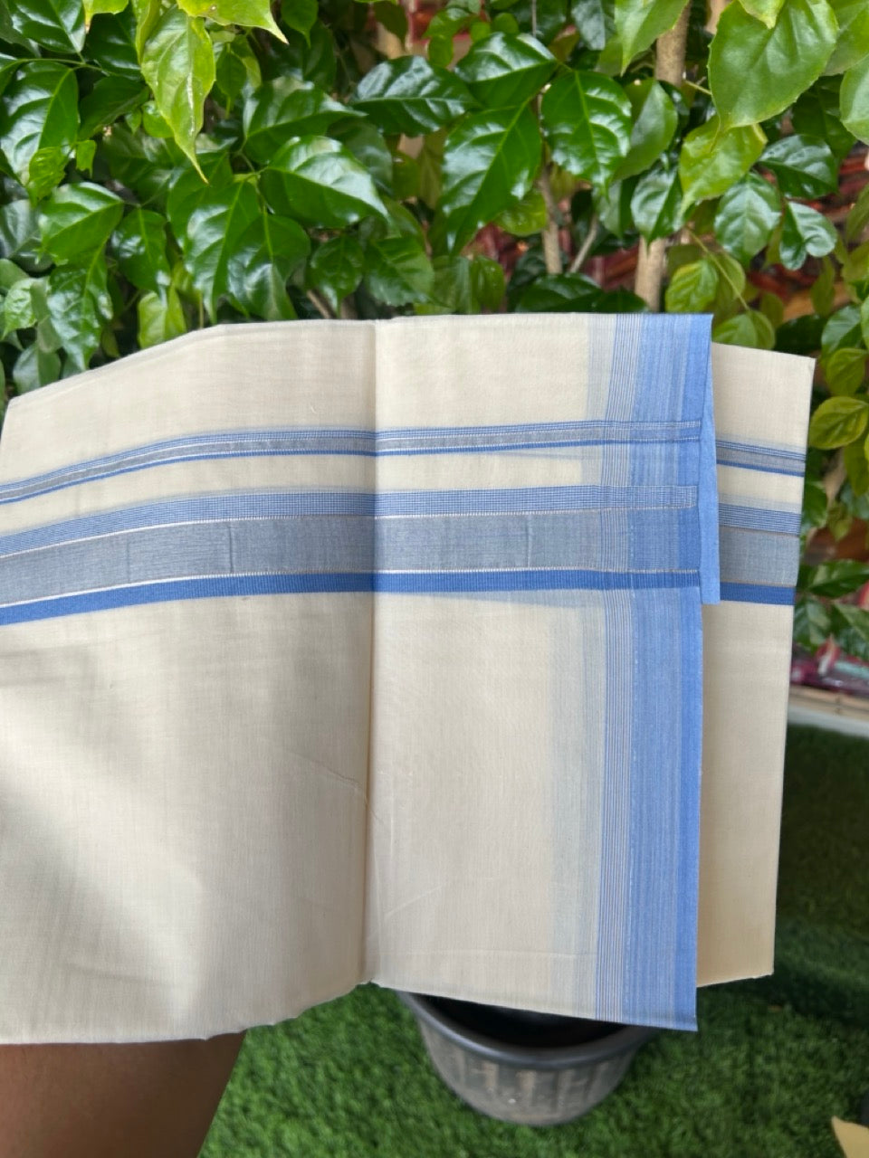 20% DISCOUNT! KaithariKada Balaramapuram 100% Cotton Double OFF WHITE (unbleached) Mundu/Dhoti- 100x80- 1.75 inch Silver Kasavu Sky Blue Stripes Shaded Kara 4 mtr (8.5 muzham) - 68KK5227 PMC