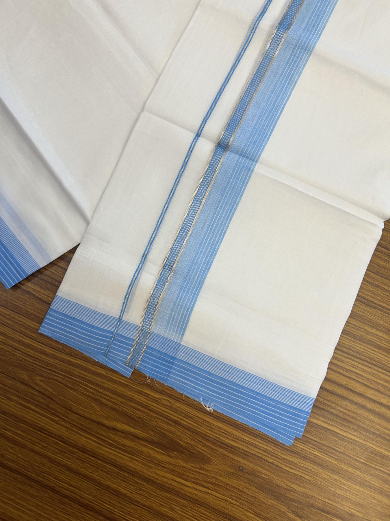 20% Discount!! Kaitharikada Balaramapuram 100% Pure Cotton Pure White Double Mundu/Dothi - 100x80 - 1.75 inch Silver Kasav & Sky Blue Striped Kara - 3.90 m (8 muzham) - 78 KK5356 VAS