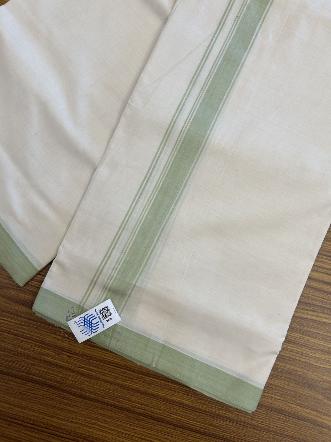 Kerala Handloom - Signature Kaitharikada - 100% Pure Cotton! (2/120X2/160) Twisted Thread- Off White Double Mundu/Dhoti - 1 inch Light Green Striped Kara 4 mtr (8.5 muzham) - 3 KK5331 KAL