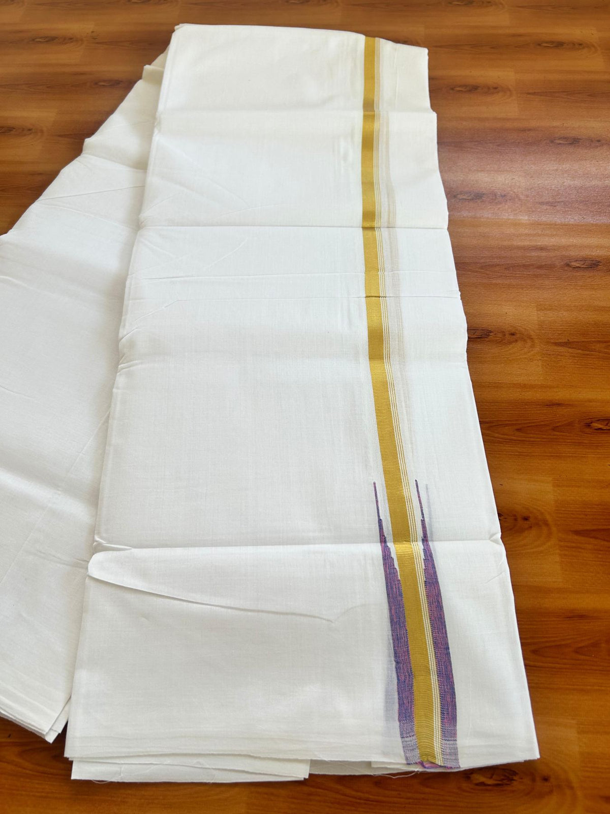 Double Pure White 25% Discount ! KaithariKada Handloom Millpaav - Kerala Handloom - 100% Pure Cotton - 80x90 - 1 Inch Puliyilakkara Gold Kasav Pink & Blue Shaded Chutty Kara 3.90 mtr (8.36 Muzham) - 25 KK5496 YAR