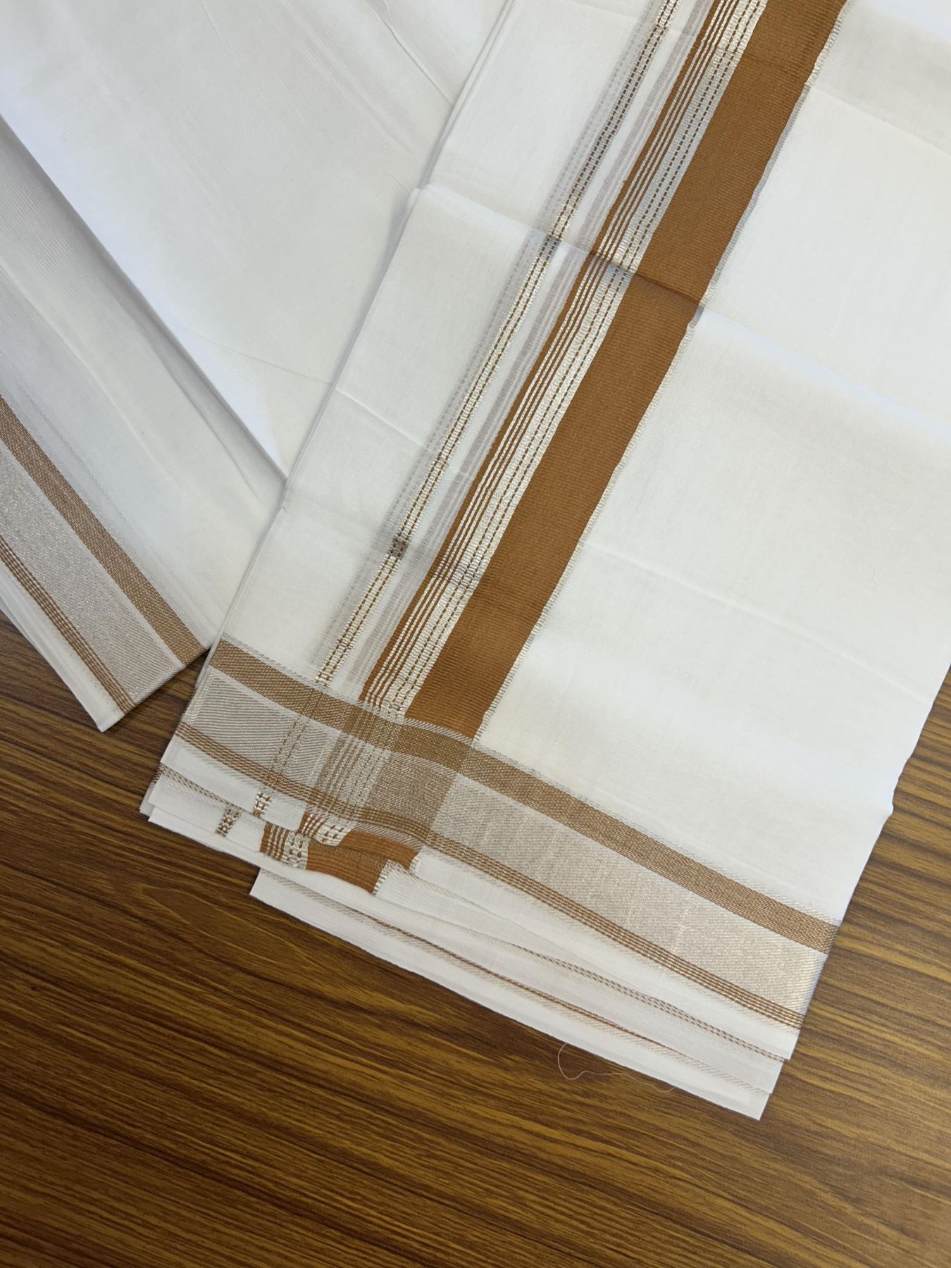 20% Discount!! Kaitharikada Balaramapuram 100% Pure Cotton Pure White Double Mundu/Dothi - 100x80 - 1.5 inch Burnt Orange & Silver Kasav Striped Kara - 3.90 m (8 muzham) - 60 KK5356 VAS