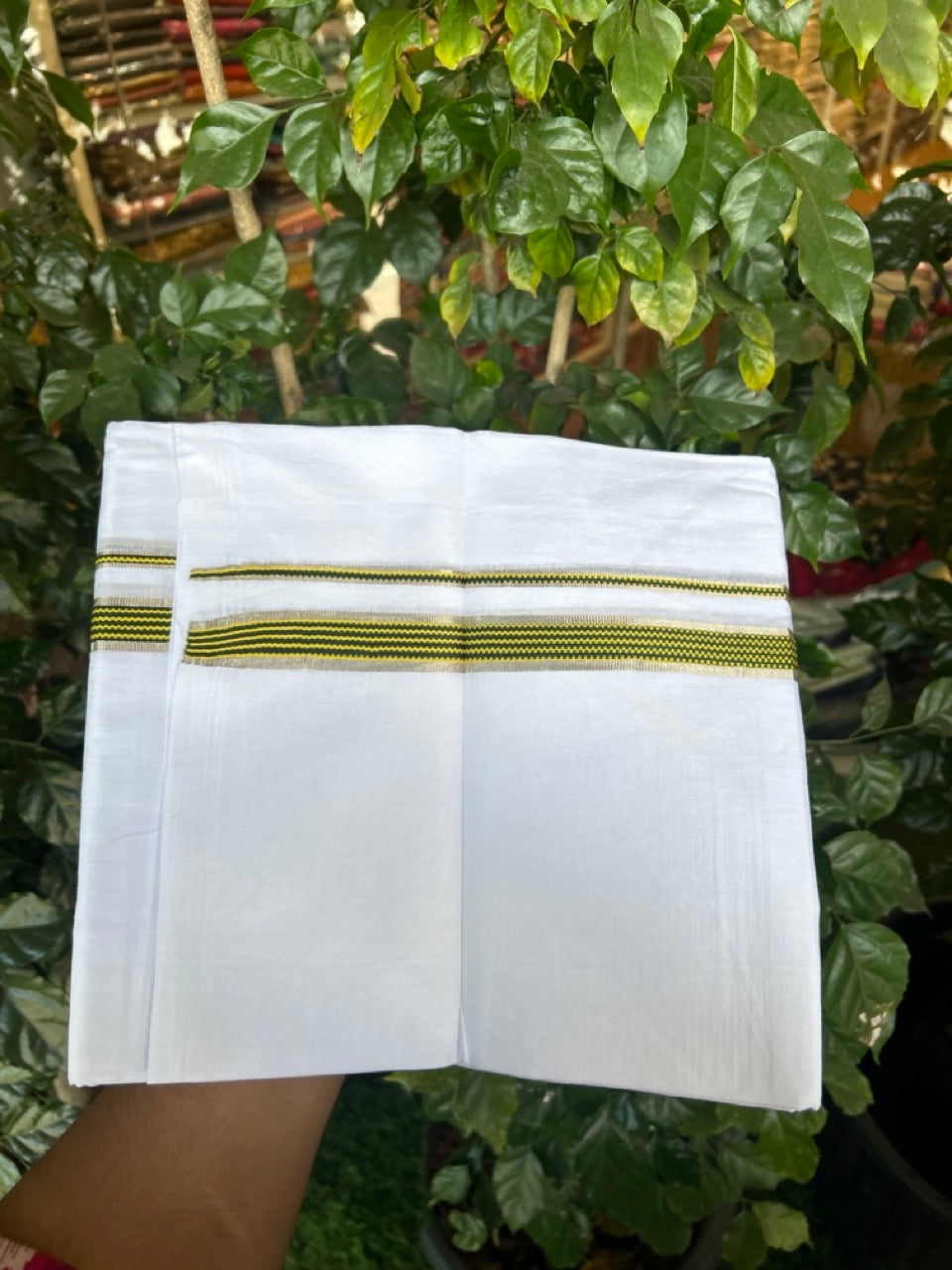 20% Discount ! Kaitharikada Balaramapuram 100% Cotton PURE WHITE Double Mundu/Dothi - 100x80 - 0.75 inch Silver Kasav Black & Yellow Striped Kara 3.90 mtr (8 muzham) - 66 KK5294 THI
