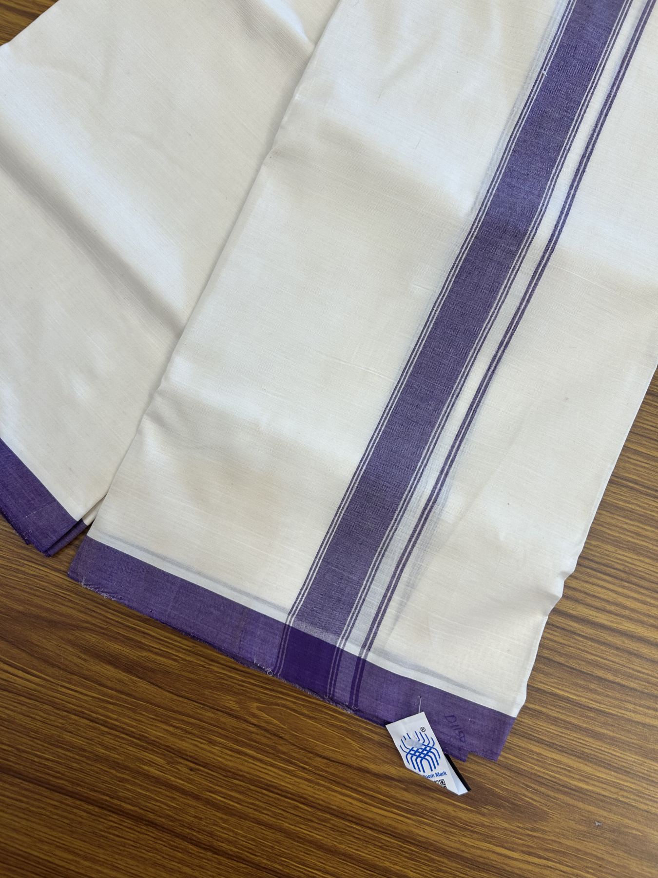 Kerala Handloom - Signature Kaitharikada - 100% Pure Cotton! (2/120X2/160) Twisted Thread- Off White Double Mundu/Dhoti - 1.25 inch Violet Striped Kara 4 mtr (8.5 muzham) - 6 KK5331 KAL
