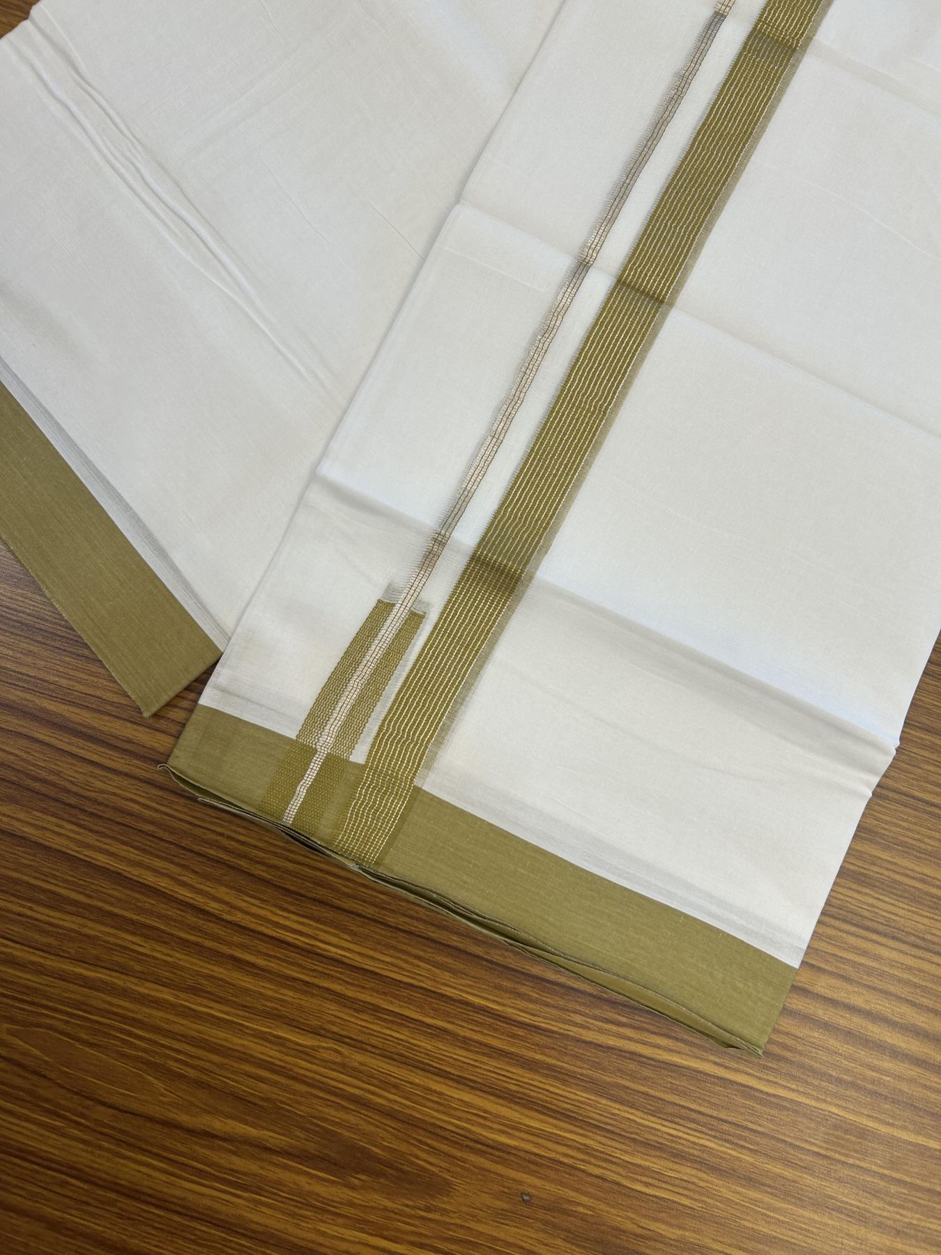 20% Discount!! Kaitharikada Balaramapuram 100% Pure Cotton Pure White Double Mundu/Dothi - 100x80 - 0.75 inch Dark Mustard & Silver Kasav Stripes Chutty Kara 3.90 m (8 muzham) - 18 KK5356 VAS