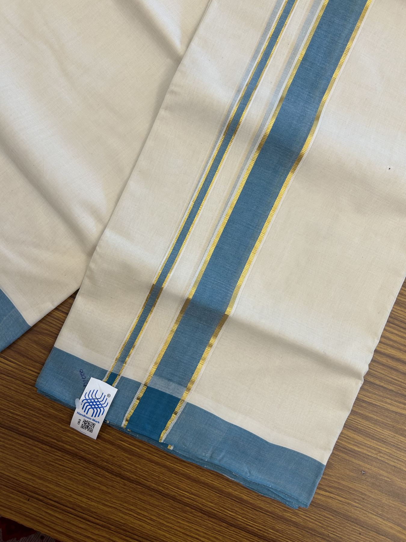 Kerala Handloom - Signature Kaitharikada - 25% Discount! - Government Sealed Hallmarked-100% Pure Cotton! (90X80s) Twisted Thread- Off White Double Mundu/Dhoti - 1.5 inch Gold Kasav & Light Peacock Blue Kara 4 mtr (8.5 muzham) - 8 KK5331 KAL
