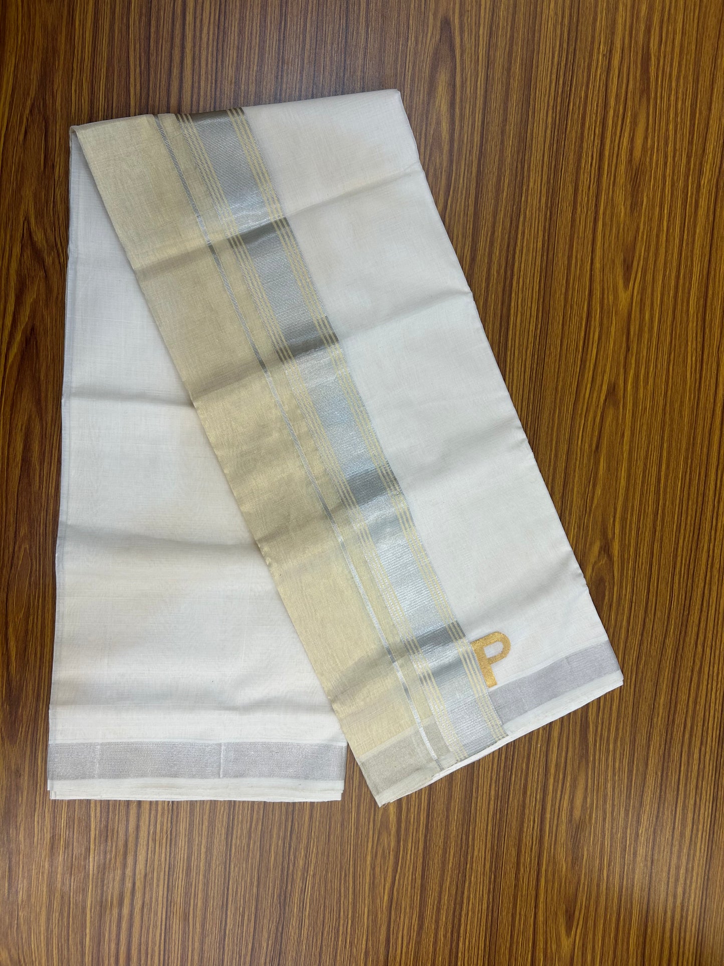 25% Discount ! KaithariKada Handloom Unakkupaav - Kerala Handloom - 100% Pure Cotton Off White - (Unbleached) Double Mundu/Dhoti - 100x80 - 2 inch Silver Kasav stripes side tissue Kara with Alphabet Design 4 mtr (8.5 Muzham) - 8 KK5375 ABH