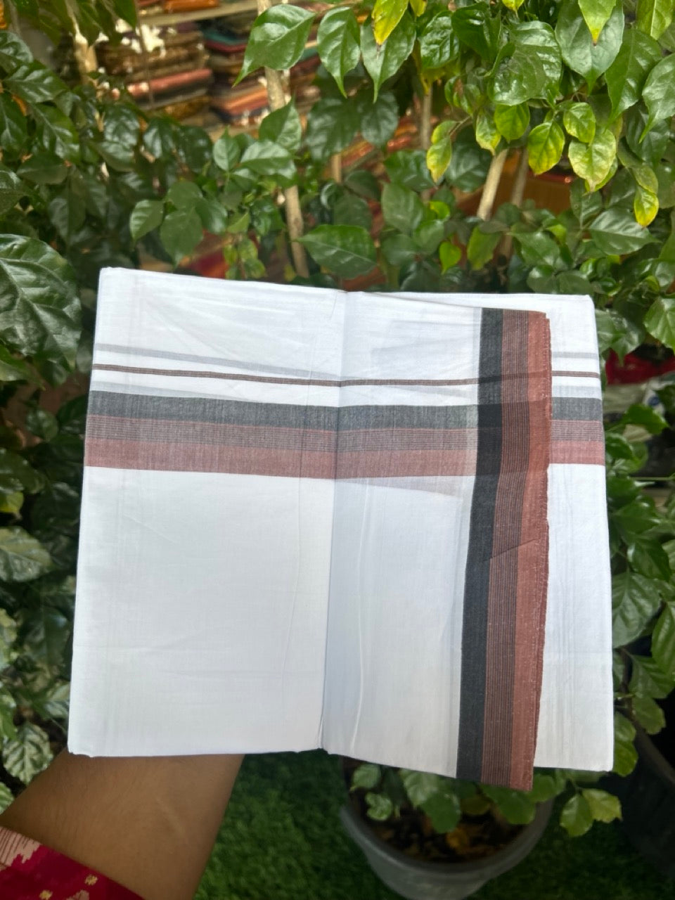 20% Discount ! Kaitharikada Balaramapuram 100% Cotton PURE WHITE Double Mundu/Dothi - 100x80 - 1.5 inch Brown & Black Shaded Striped Kara 3.90 mtr (8 muzham) - 95 KK5294 THI