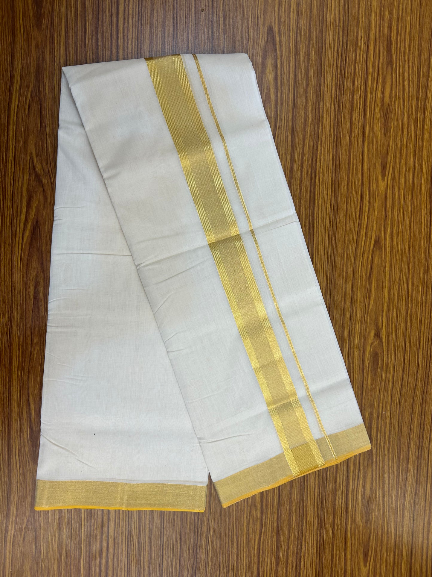 25% Discount ! KaithariKada Handloom Unakkupaav - Kerala Handloom - 100% Pure Cotton Off White - (Unbleached) Double Mundu/Dhoti - 100x80 - 2 inch Gold Kasav striped kara 4 mtr (8.5 Muzham) - 5 KK5375 ABH