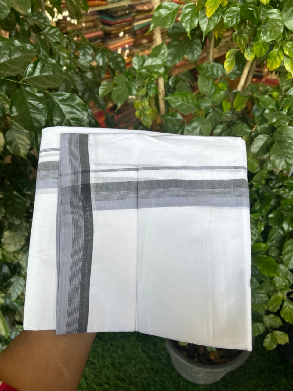 20% Discount ! Kaitharikada Balaramapuram 100% Cotton PURE WHITE Double Mundu/Dothi - 100x80 - 1.25 inch Lavender & Black Shaded Striped Kara 3.90 mtr (8 muzham) - 92 KK5294 THI