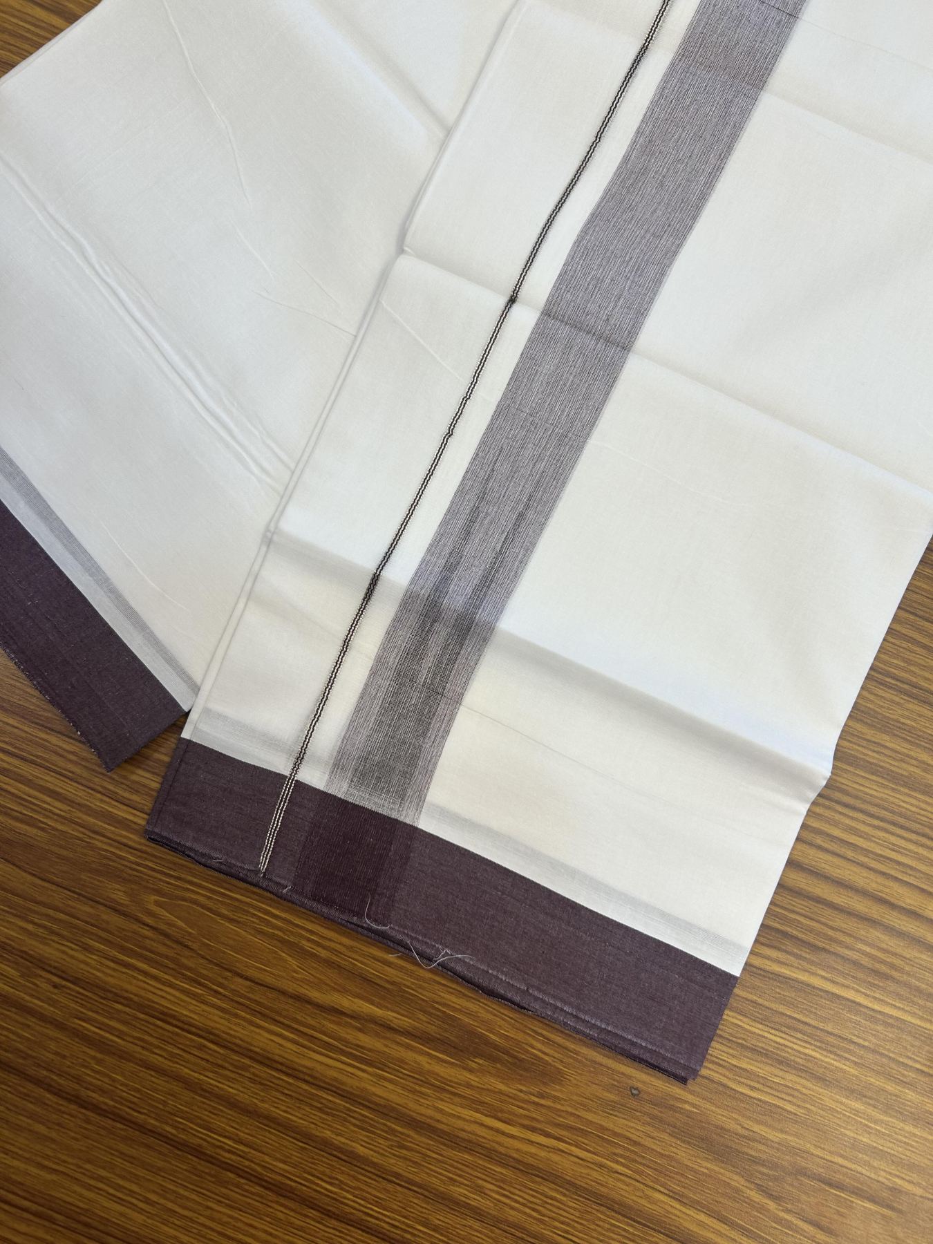 20% Discount!! Kaitharikada Balaramapuram 100% Pure Cotton Pure White Double Mundu/Dothi - 100x80 - 1.5 inch Deep Wine & Black Silver Kasav Stripes Chutty Kara 3.90 m (8 muzham) - 25 KK5356 VAS