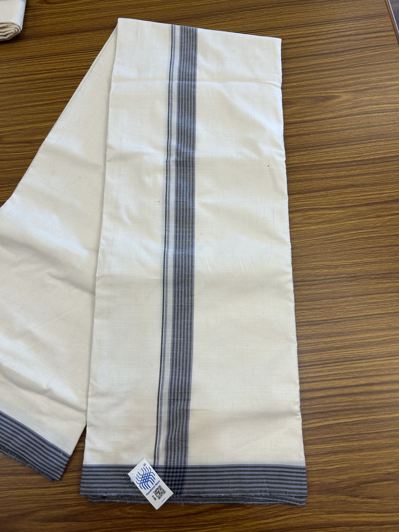 Kerala Handloom - Signature Kaitharikada - 100% Pure Cotton! (2/120X2/160) Twisted Thread- Off White Double Mundu/Dhoti - 1 inch Lavender & Black Striped Kara 4 mtr (8.5 muzham) - 13 KK5331 KAL