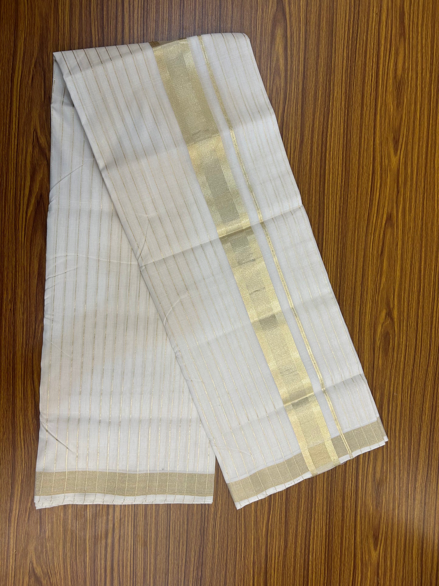 25% Discount ! KaithariKada Handloom Unakkupaav - Kerala Handloom - 100% Pure Cotton Off White - (Unbleached) Double Mundu/Dhoti - 100x80 - 2 inch Light Kasav kara with Full Body Stripes 4 mtr (8.5 Muzham) - 2 KK5375 ABH