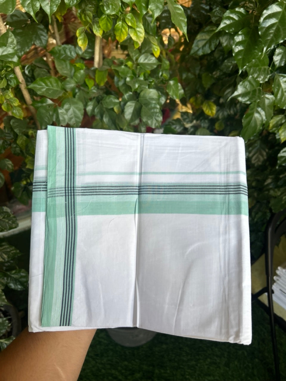 20% Discount ! Kaitharikada Balaramapuram 100% Cotton PURE WHITE Double Mundu/Dothi - 100x80 - 1.5 inch Turquoise Green & Blue Shaded Striped Kara 3.90 mtr (8 muzham) - 84 KK5294 THI