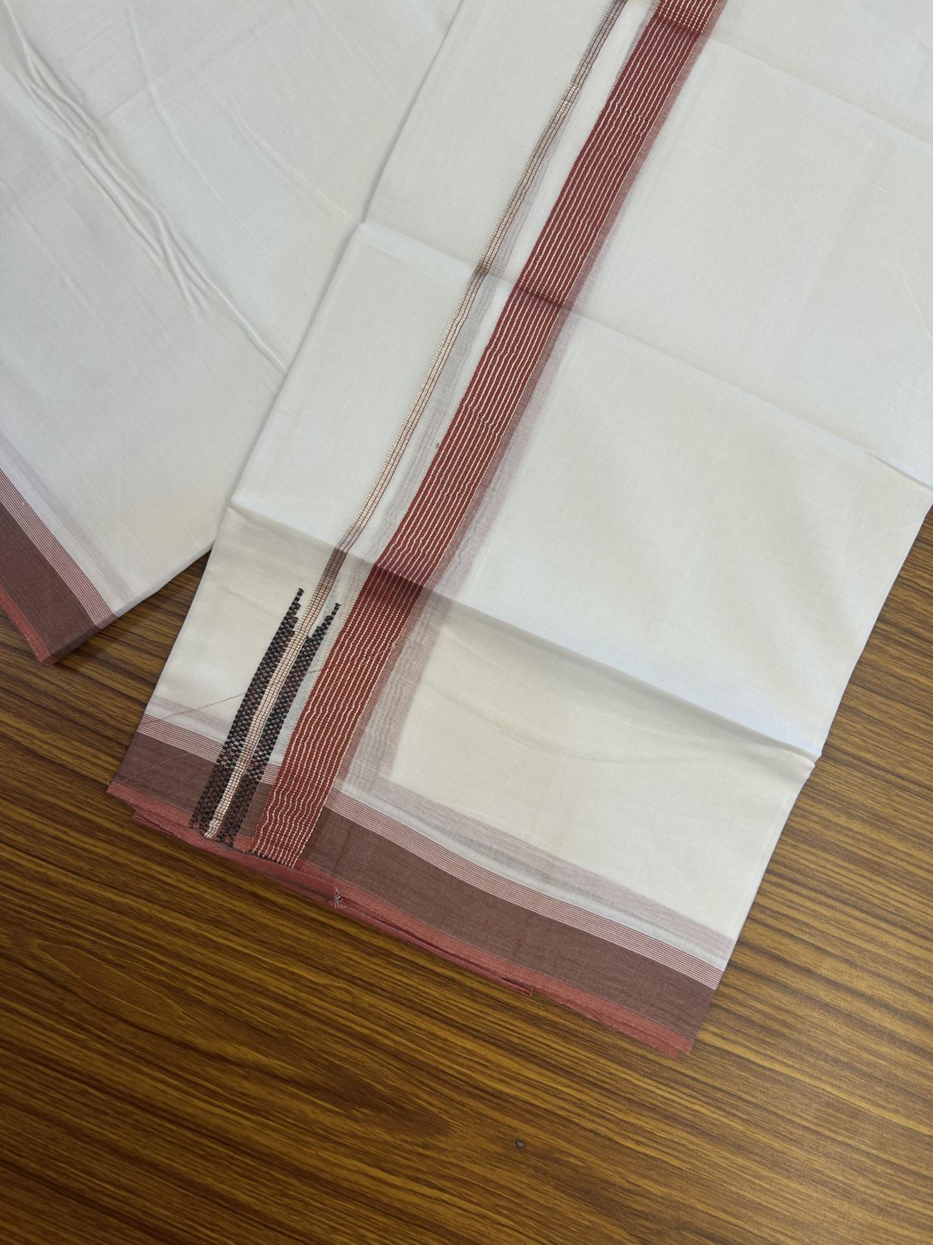 20% Discount!! Kaitharikada Balaramapuram 100% Pure Cotton Pure White Double Mundu/Dothi - 100x80 - 0.75 inch Dark Dusty Rose & Black Silver Kasav Stripes Chutty Kara 3.90 m (8 muzham) - 17 KK5356 VAS