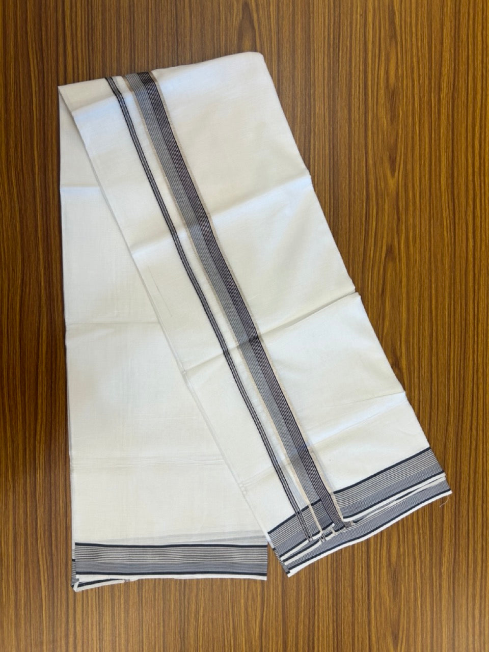 20% Discount ! KaithariKada Balaramapuram 100% Cotton Double Pure white Mundu/Dhoti- 100x100 - 1.25 inch Silver Kasavu Navy Blue & Shaded Striped Kara - 4mtr ( 8 muzham) - 36 KK5253 GAN