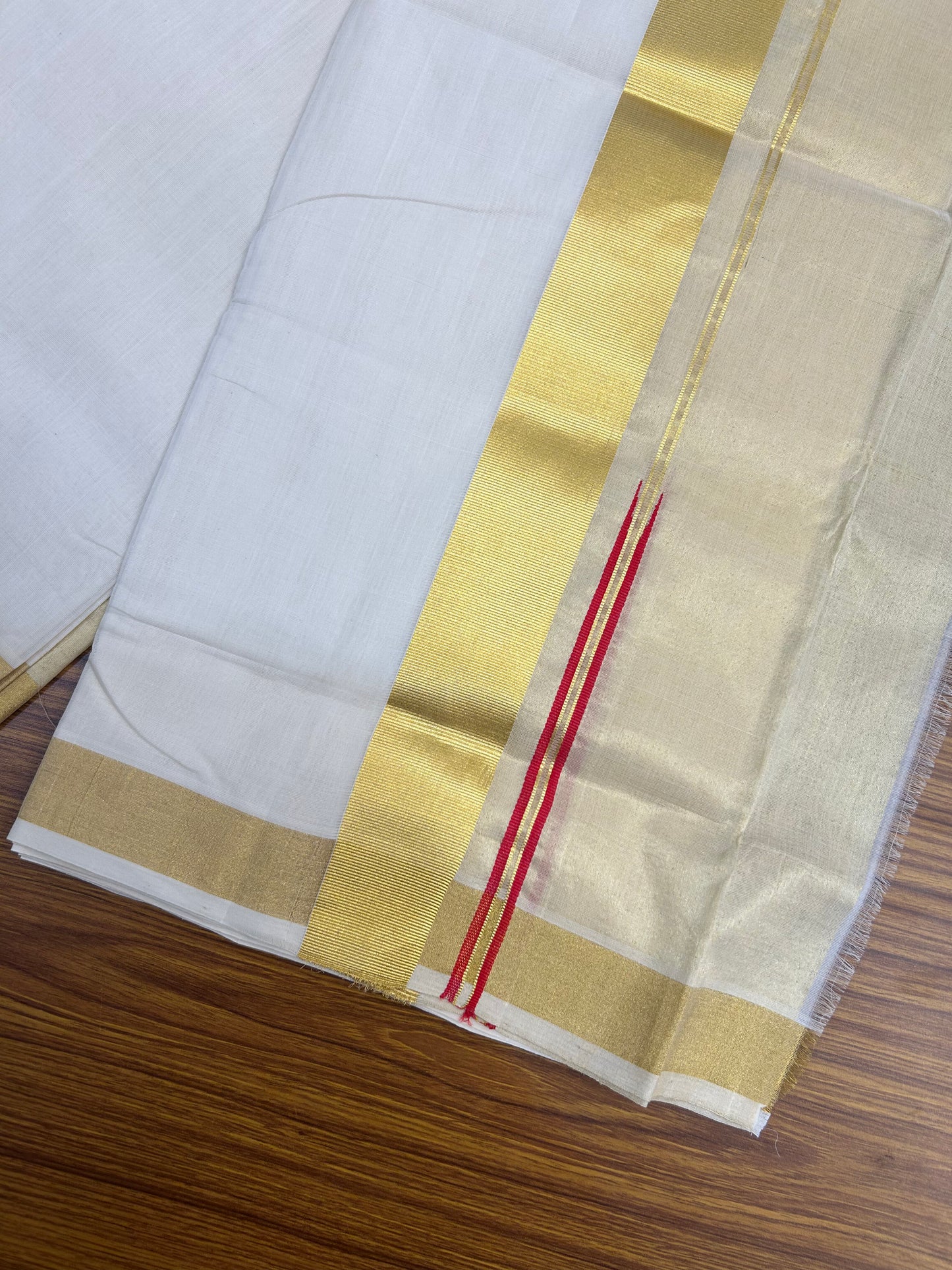 25% Discount ! KaithariKada Handloom Unakkupaav - Kerala Handloom - 100% Pure Cotton Off White - (Unbleached) Double Mundu/Dhoti - 100x80 - 1.75 inch Gold Kasav Red chutty kara with side tissue 4 mtr (8.5 Muzham) - 7 KK5375 ABH