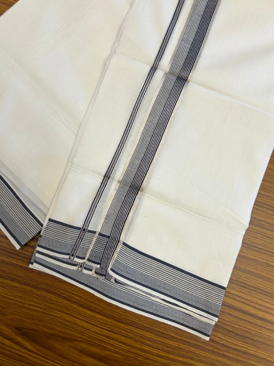 20% Discount ! KaithariKada Balaramapuram 100% Cotton Double Pure white Mundu/Dhoti- 100x100 - 1.25 inch Silver Kasavu Navy Blue & Shaded Striped Kara - 4mtr ( 8 muzham) - 36 KK5253 GAN