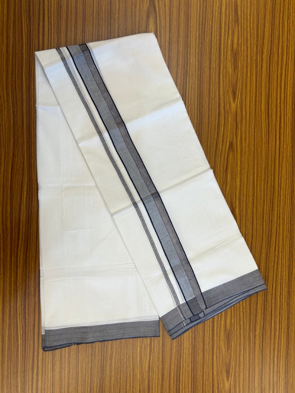 20% Discount ! KaithariKada Balaramapuram 100% Cotton Double Pure white Mundu/Dhoti- 100x100 - 1.5 inch Silver Kasavu Navy Blue & Blue Shaded Striped Kara - 4mtr ( 8 muzham) - 37 KK5253 GAN