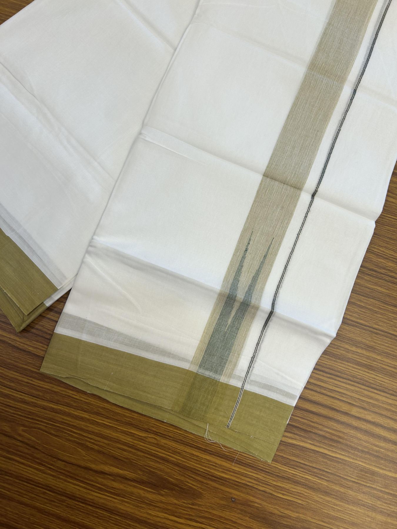 20% Discount!! Kaitharikada Balaramapuram 100% Pure Cotton Pure White Double Mundu/Dothi - 100x80 - 1.5 inch Dark Mustard & Green Silver Kasav Stripes Chutty Kara 3.90 m (8 muzham) - 24 KK5356 VAS