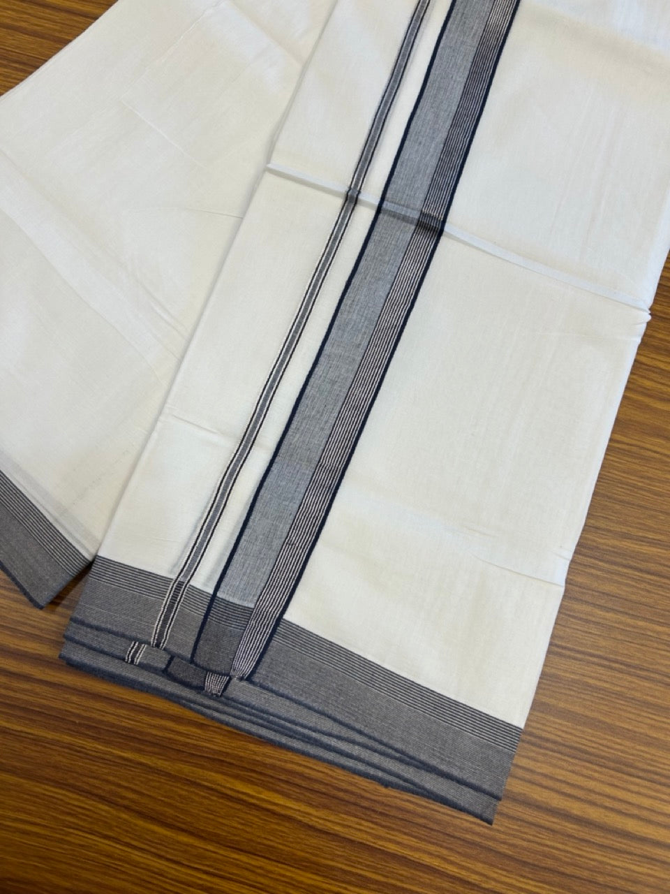 20% Discount ! KaithariKada Balaramapuram 100% Cotton Double Pure white Mundu/Dhoti- 100x100 - 1.5 inch Silver Kasavu Navy Blue & Blue Shaded Striped Kara - 4mtr ( 8 muzham) - 37 KK5253 GAN