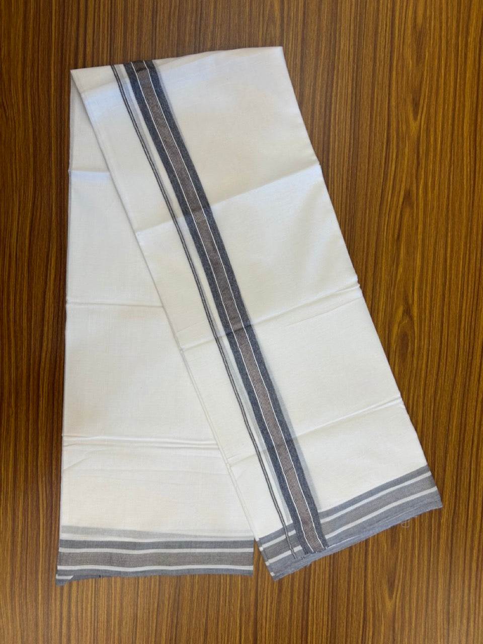 20% Discount ! KaithariKada Balaramapuram 100% Cotton Double Pure white Mundu/Dhoti- 100x100 - 1.25 inch Navy Blue & Silver Kasavu Shaded Striped Kara - 4mtr ( 8 muzham) - 38 KK5253 GAN