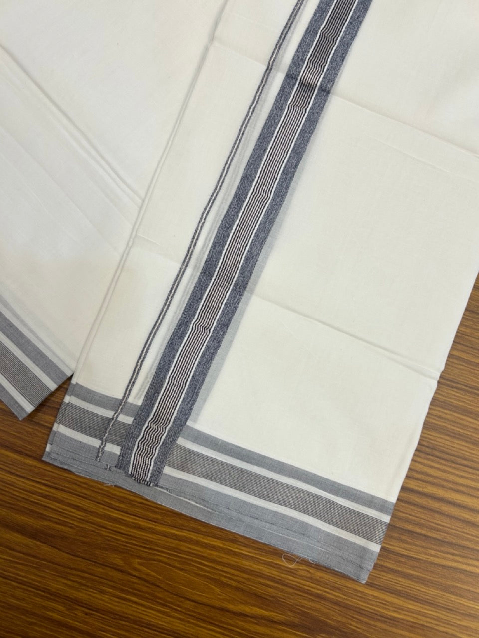 20% Discount ! KaithariKada Balaramapuram 100% Cotton Double Pure white Mundu/Dhoti- 100x100 - 1.25 inch Navy Blue & Silver Kasavu Shaded Striped Kara - 4mtr ( 8 muzham) - 38 KK5253 GAN