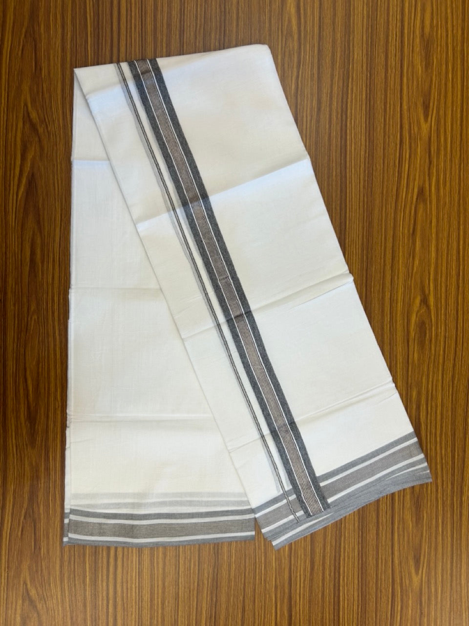 20% Discount ! KaithariKada Balaramapuram 100% Cotton Double Pure white Mundu/Dhoti- 100x100 - 1.5 inch Black & Silver Kasavu Shaded Striped Kara - 4mtr ( 8 muzham) - 39 KK5253 GAN