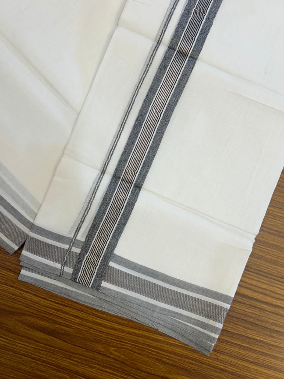 20% Discount ! KaithariKada Balaramapuram 100% Cotton Double Pure white Mundu/Dhoti- 100x100 - 1.5 inch Black & Silver Kasavu Shaded Striped Kara - 4mtr ( 8 muzham) - 39 KK5253 GAN